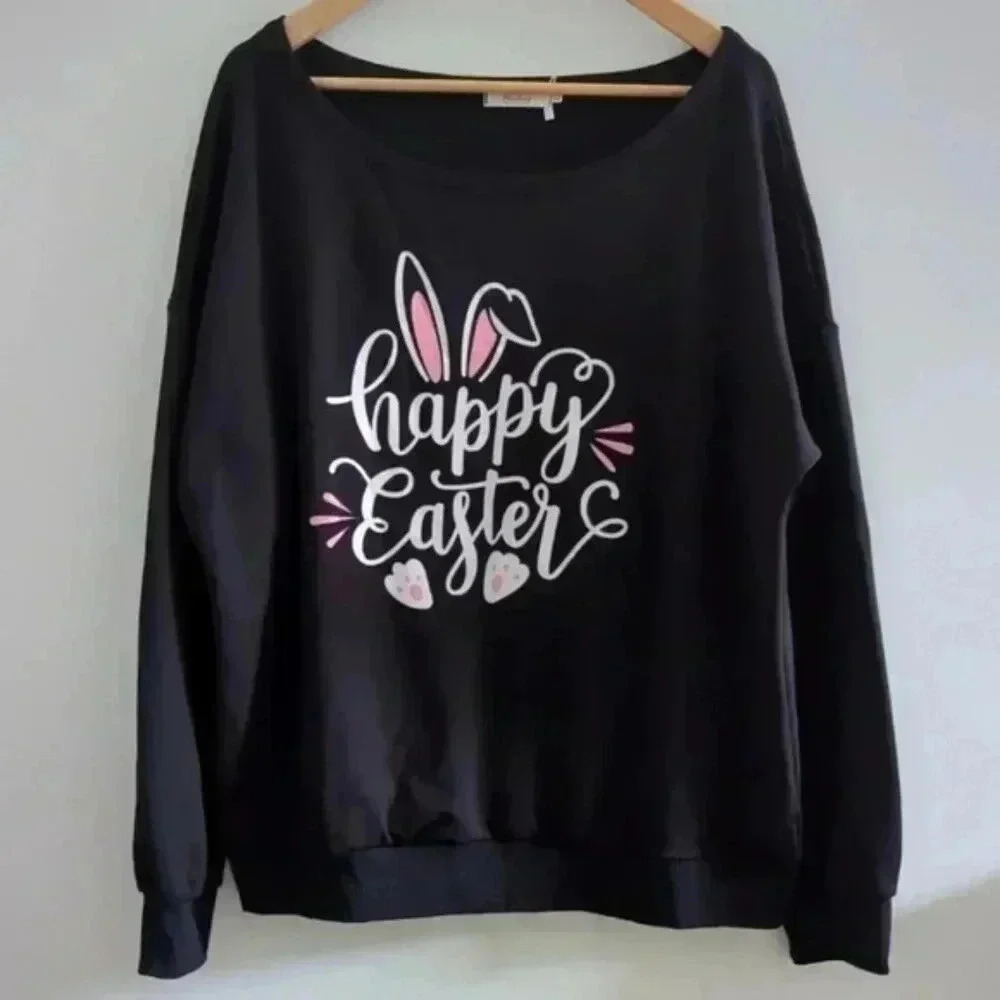 ROSHOP | Women's Black "Happy Easter" Oversize Off Shoulder Scuba Fleece…